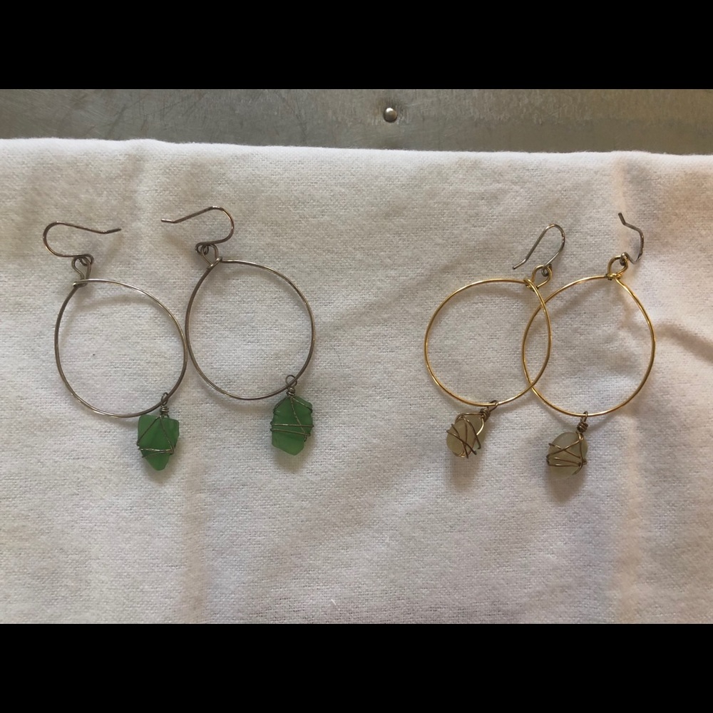2 pair wire wrapped seaglass drop earrings